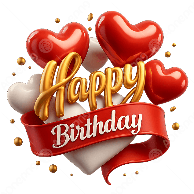 Happy Birthday PNG with Gold & Red Heart Balloons  AOnePng